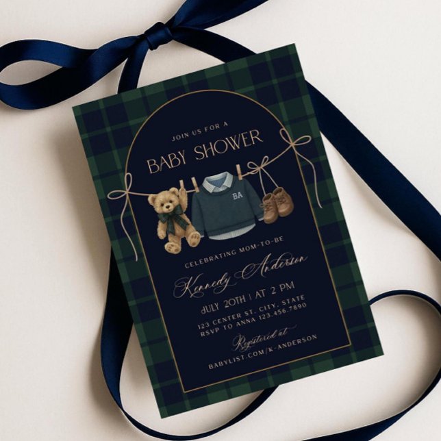 Convite Polo Baby Shower Invitation, Preppy Teddy Bear Bab (Criador carregado)