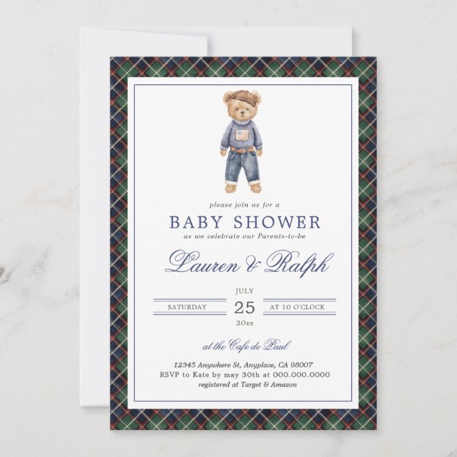Convite Polo Bear Boy Classic Preppy Baby Shower (Frente)