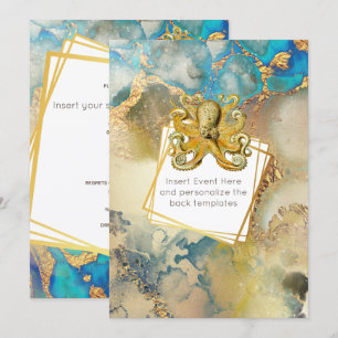 Convite Polvo aquarela dourado azul marrom náutico