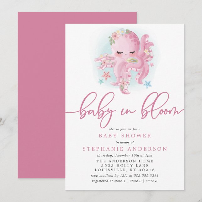 Convite Polvo Fofo Rosa Bebê em Flor Aniversário de Bebê (Frente/Verso)