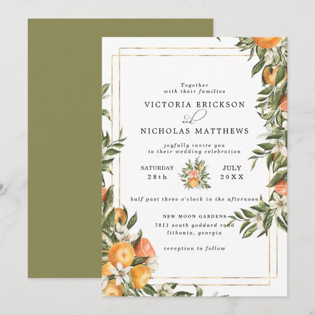 Convite Pomar de Citrinos | Casamento Botânico Boho (Frente/Verso)
