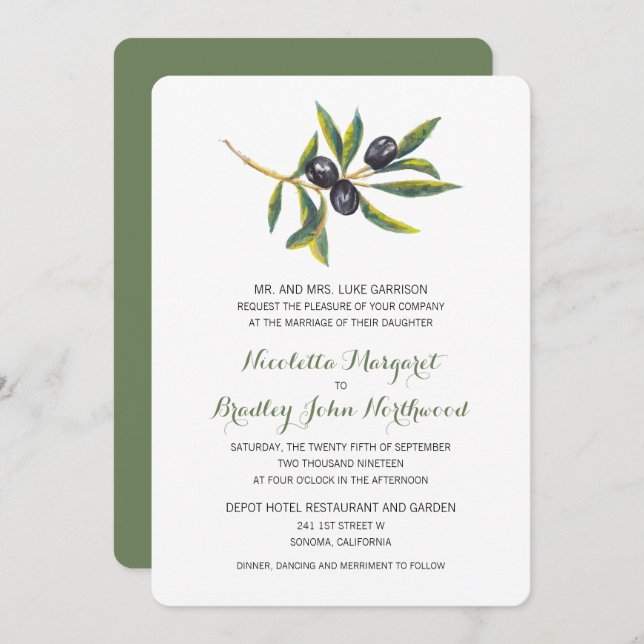 Convite Pomar de Oliva de Aquarela | Casamento (Frente/Verso)