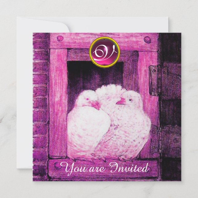 CONVITE POMBAS BRANCAS EM JANELA ROSA, MONOGRAMA JOIA DE C (Frente)