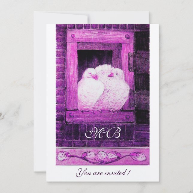 Convite POMBAS BRANCAS NA JANELA Monograma, Branco Roxo (Frente)