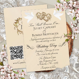 Convite Pombas, Corações, Código QR - Peach Pearl/Dourado