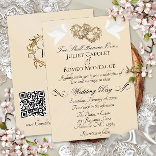 Convite Pombas, Corações, Código QR - Peach Pearl/Dourado