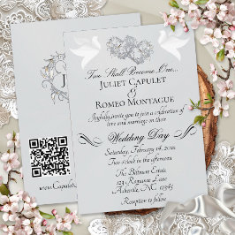 Convite Pombas, Corações, Código QR - Pérola Prata/Prata