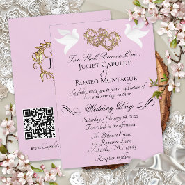 Convite Pombas, Corações, Código QR - Pérola Rosa/Dourado