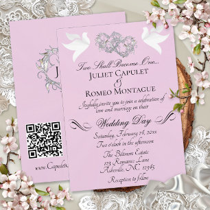 Convite Pombas, Corações, Código QR - Pérola Rosa/Prata
