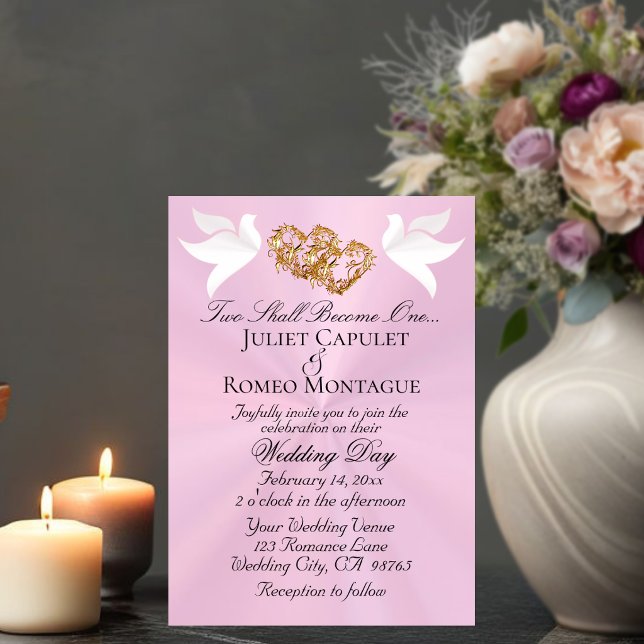 Convite Pombas, Corações, Código QR - Rosa Pastel/Dourado (Criador carregado)