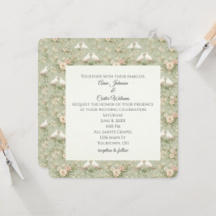Convite Pombas de Casamento e Fitas Verde Sálvia