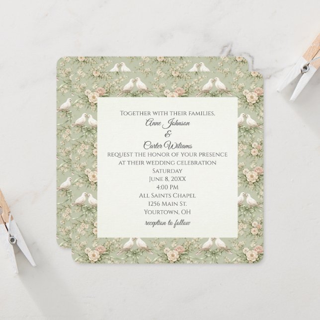 Convite Pombas de Casamento e Fitas Verde Sálvia (Frente/Verso In Situ)