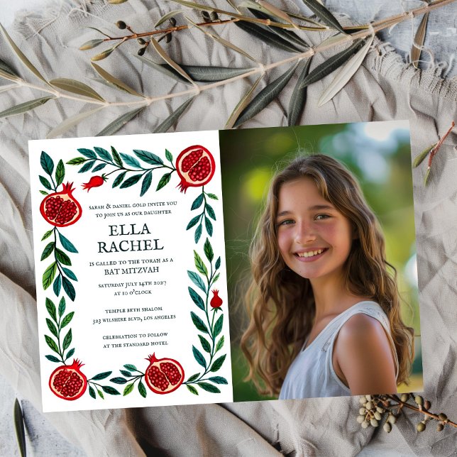 Convite Pomegranata PHOTO B'nai Bat Bar Mitzvah (Pomegranates Custom PHOTO B'nai Bat Bar Mitzvah Invitation
)