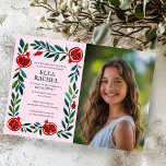 Convite Pomegranata PHOTO B'nai Bat Bar Mitzvah<br><div class="desc">Cartão perfeito para anunciar um bar mitzvah, bat mitzvah ou outra celebração judaica! Mão fez arte para você! TOTALMENTE PERSONALIZÁVEL! Clique em "Personalizar" acima para editar o texto e adicionar sua própria foto. Clique em "editar usando a ferramenta design" para ajustar as fontes, cores e posicionamentos. Você também pode mudar...</div>