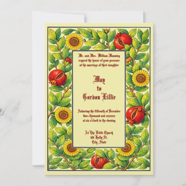 Convite Pomegranate Fruit & Floral Border Wedding (Frente)