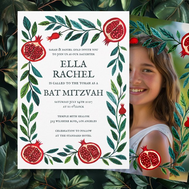 Convite Pomegranates B'nai Bat Bar Mitzvah Foto Personaliz (Pomegranates B'nai Bat Bar Mitzvah Custom Photo Invitation
)