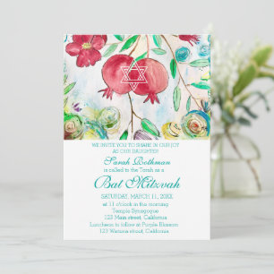 Convite Pomegranato Elegante Judeu Floral Bat Mitzvah