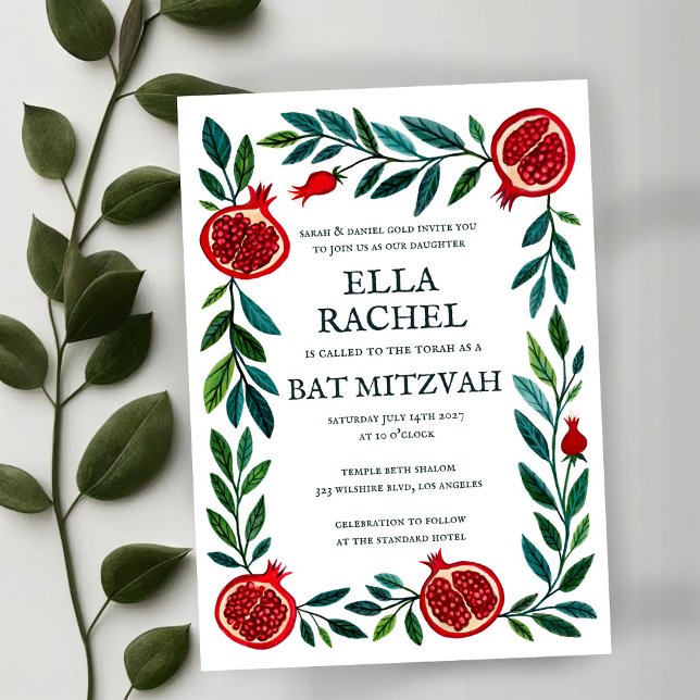 Convite Pomegranatos Bar de Bat Personalizado Mitzvah Wate (Pomegranates Custom Bat Bar Mitzvah Watercolor Invitation
)