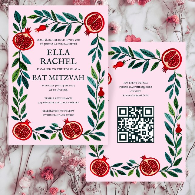 Convite Pomegranatos Código QR do Bar Bat Personalizado B' (Pomegranates Custom B'nai Bat Bar Mitzvah QR Code Invitation
)