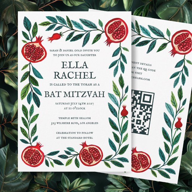 Convite Pomegranatos Código QR do Bar Bat Personalizado B' (Pomegranates Custom B'nai Bat Bar Mitzvah QR Code Invitation Jewish Digital Download Botanical 
)