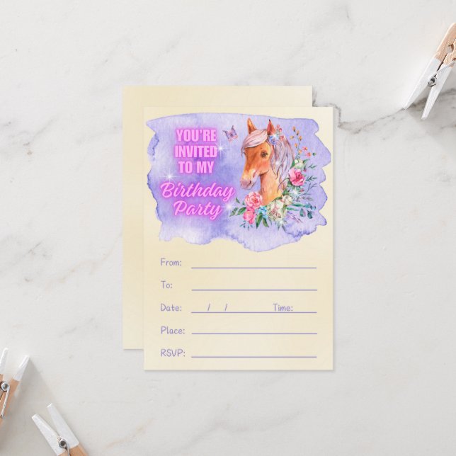 Convite Pônea Encantadora e flores selvagens Aniversário (Frente/Verso In Situ)