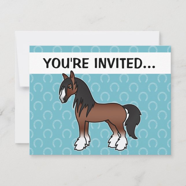 Convite Pônei Cartoon Castanho Gypsy Vanner Shire Clydesda (Frente)