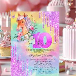 Convite Pônei com Glitter Drips Tie Dye 10º Aniversário