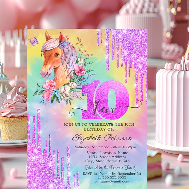 Convite Pônei com Glitter Drips Tie Dye 10º Aniversário  (Criador carregado)
