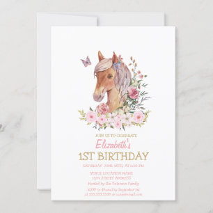 Convite Pônei de Aquarela Floral Listrado de Aniversário