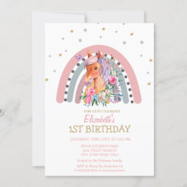 Convite Pônei de Arco-íris em Aquarela Flores Aniversário