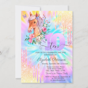 Convite Pônei Floral Brilho Gotas Tinta Tie Dye 10º Aniver