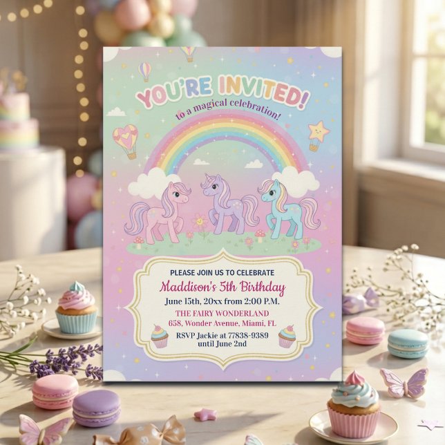 Convite Ponies e Arco-íris Festa de Aniversário de 5 anos (Criador carregado)