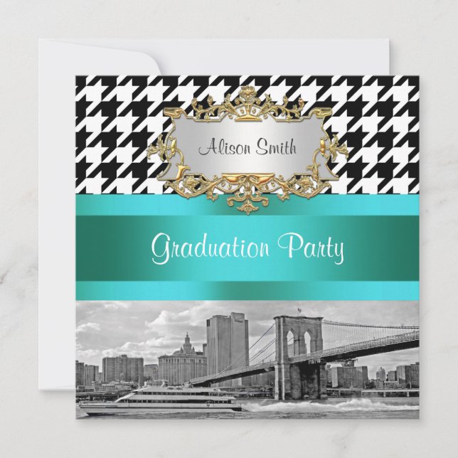 Convite Ponte de Brooklyn Blk Wht Houndstooth 2 Graduação (Frente)