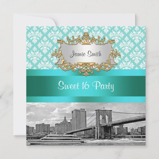 Convite Ponte de Brooklyn Turquesa Branco Damask Doze Anos (Frente)
