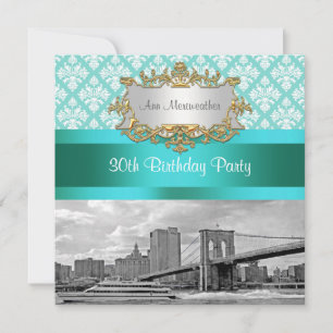 Convite Ponte de Brooklyn Turquesa Wht Damask Aniversário