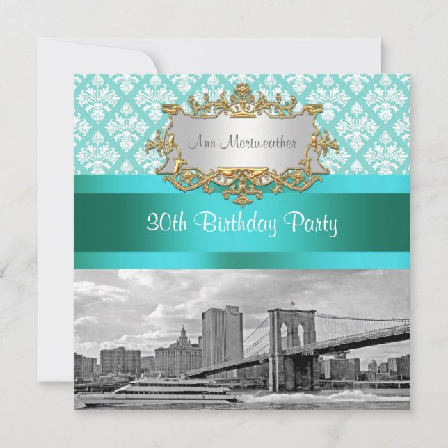 Convite Ponte de Brooklyn Turquesa Wht Damask Aniversário (Frente)