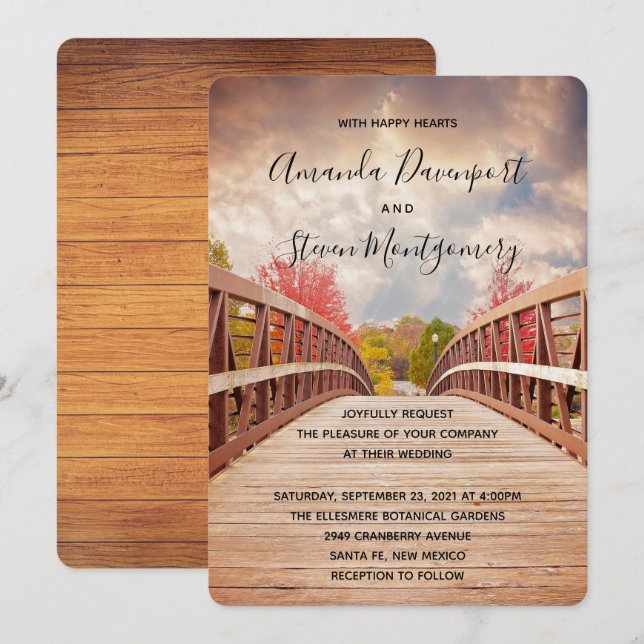 Convite Ponte de Madeira Rústica no Casamento no Campo (Frente/Verso)