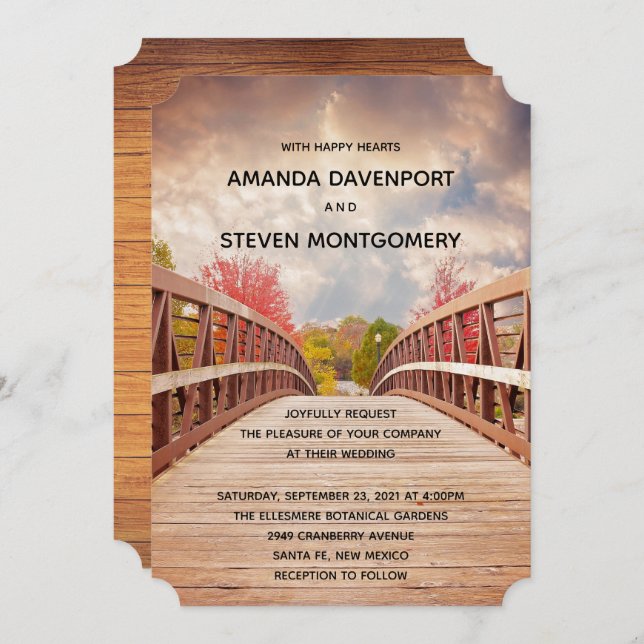 Convite Ponte rustica de madeira no Casamento do País (Frente/Verso)