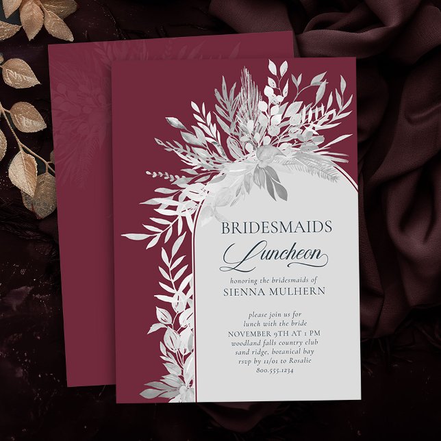 Convite Pontes de Arca Botânica da Borgonha (Bridesmaids Luncheon invite in Burgundy and Grey from the Foliage Duet Collection by Darling & May)