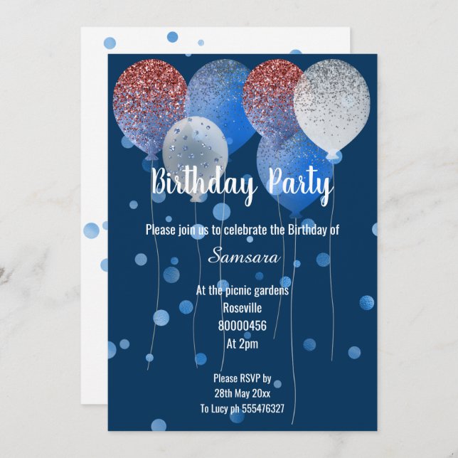 CONVITE PONTO DE MARINHO DE BALÃO DE ANIVERSÁRIO BRANCO E  (Frente/Verso)