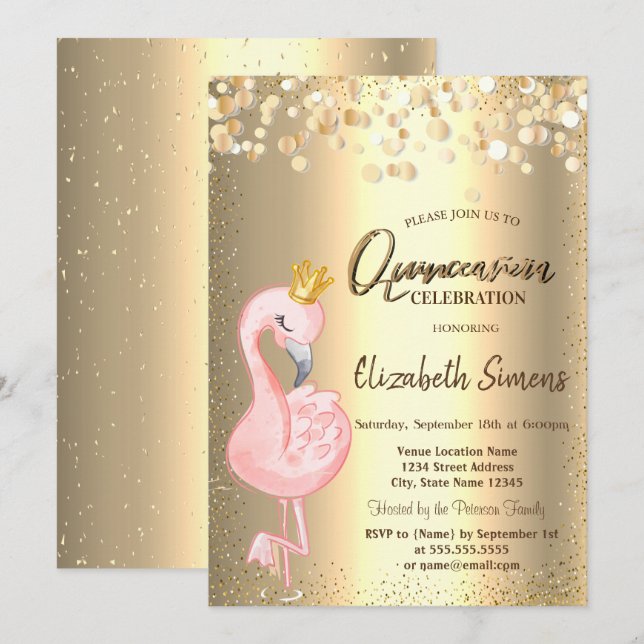 Convite Pontos de Confete Dourado, Coroa de Flamingo Rosa  (Frente/Verso)