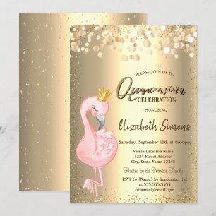 Convite Pontos de Confete Dourado, Coroa de Flamingo Rosa 