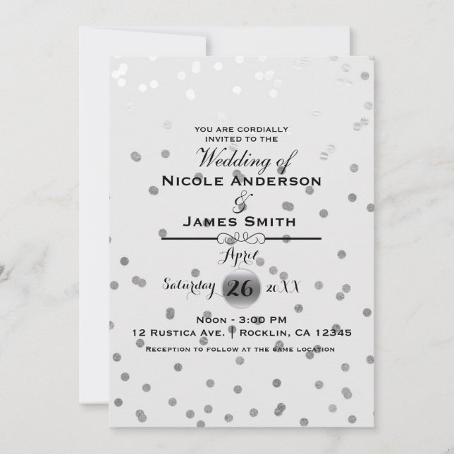 Convite Pontos de Confete Prata Branco Elegante Casamento  (Frente)