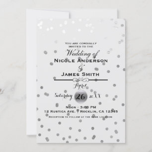 Convite Pontos de Confete Prata Branco Elegante Casamento 