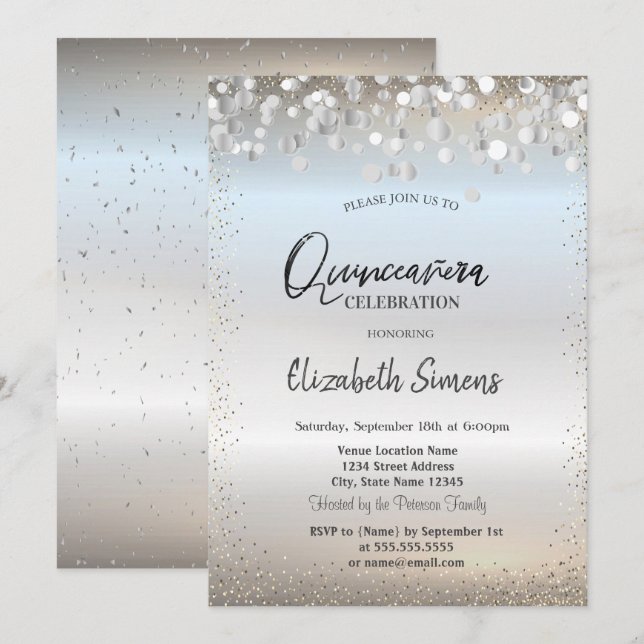 Convite Pontos de Confete Prata Princesa Prata Quinceañera (Frente/Verso)