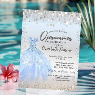 Convite Pontos de Confete Prateado, Vestido Azul Quinceañe
