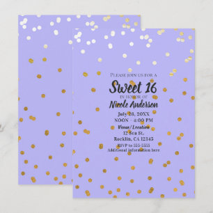 Convite Pontos de Confetes Roxo e Dourado Glamour Moderno