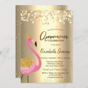 Convite Pontos de Confetti Dourados, Flamingo Quinceañera