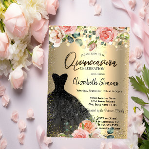 Convite Pontos de Confetti Dourados, Rosas de Vestido Pret