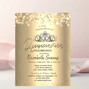 Convite Pontos de Confetti Dourados, Tiara Quinceañera
